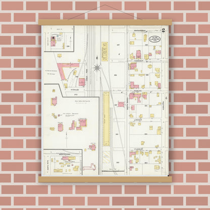 Old map wall art mockup — magnetic wood frame on brick wall — Sanborn Fire Insurance Map from Laredo, Webb County, Texas (1905), Sheet #0002