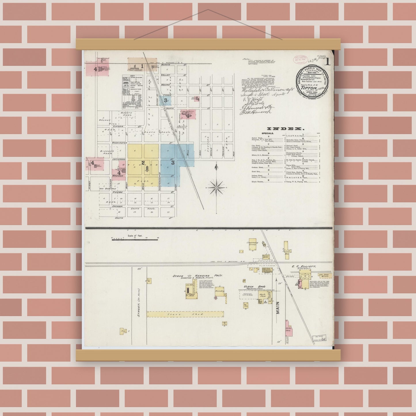 Old map wall art mockup — magnetic wood frame on brick wall — Sanborn Fire Insurance Map from Tipton, Tipton County, Indiana (1890) - Complete Map Set