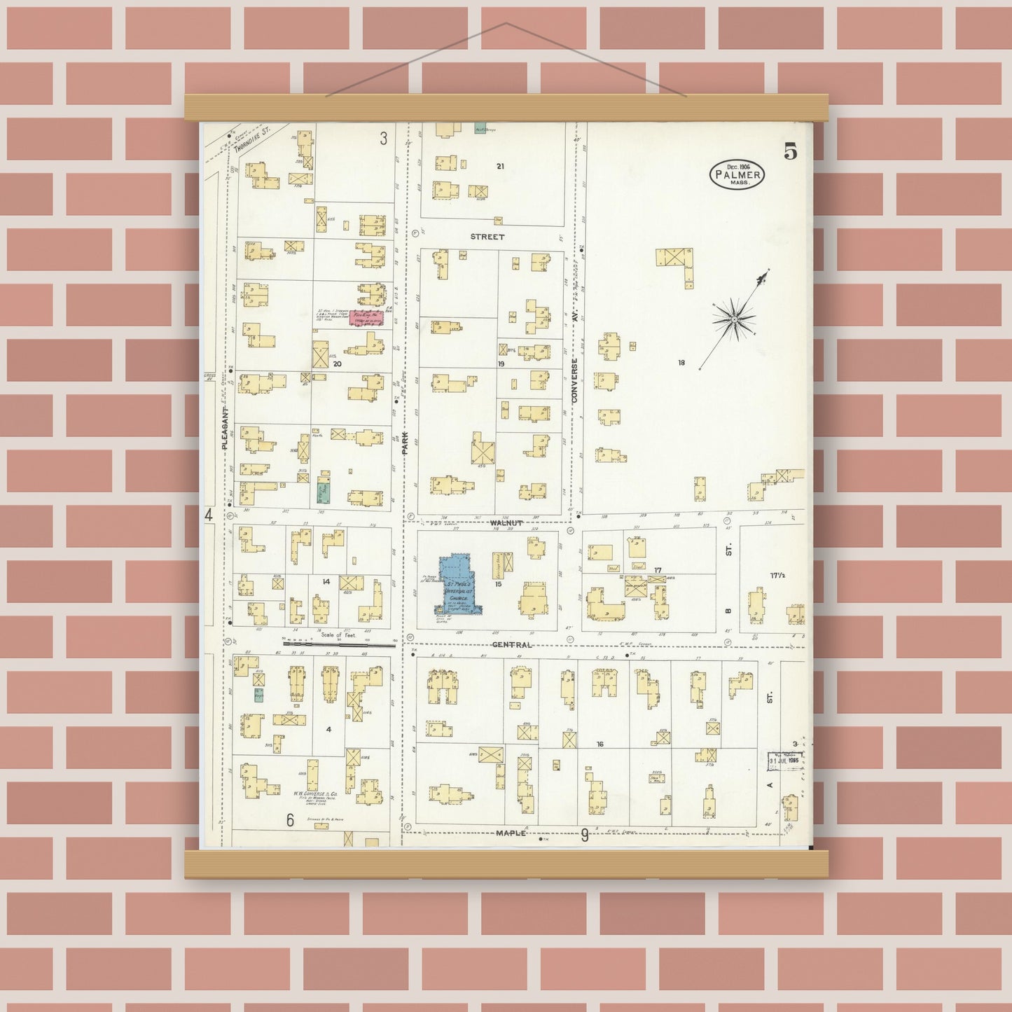 Old map wall art mockup — magnetic wood frame on brick wall — Sanborn Fire Insurance Map from Palmer, Hampden County, Massachusetts (1906), Sheet #0005