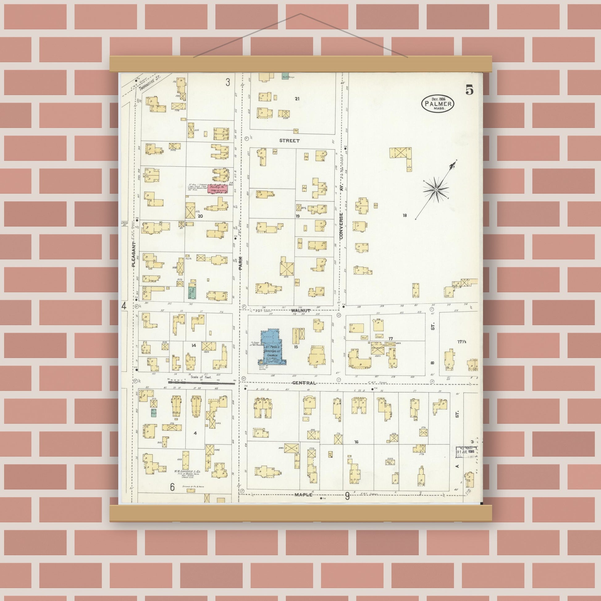 Old map wall art mockup — magnetic wood frame on brick wall — Sanborn Fire Insurance Map from Palmer, Hampden County, Massachusetts (1906), Sheet #0005