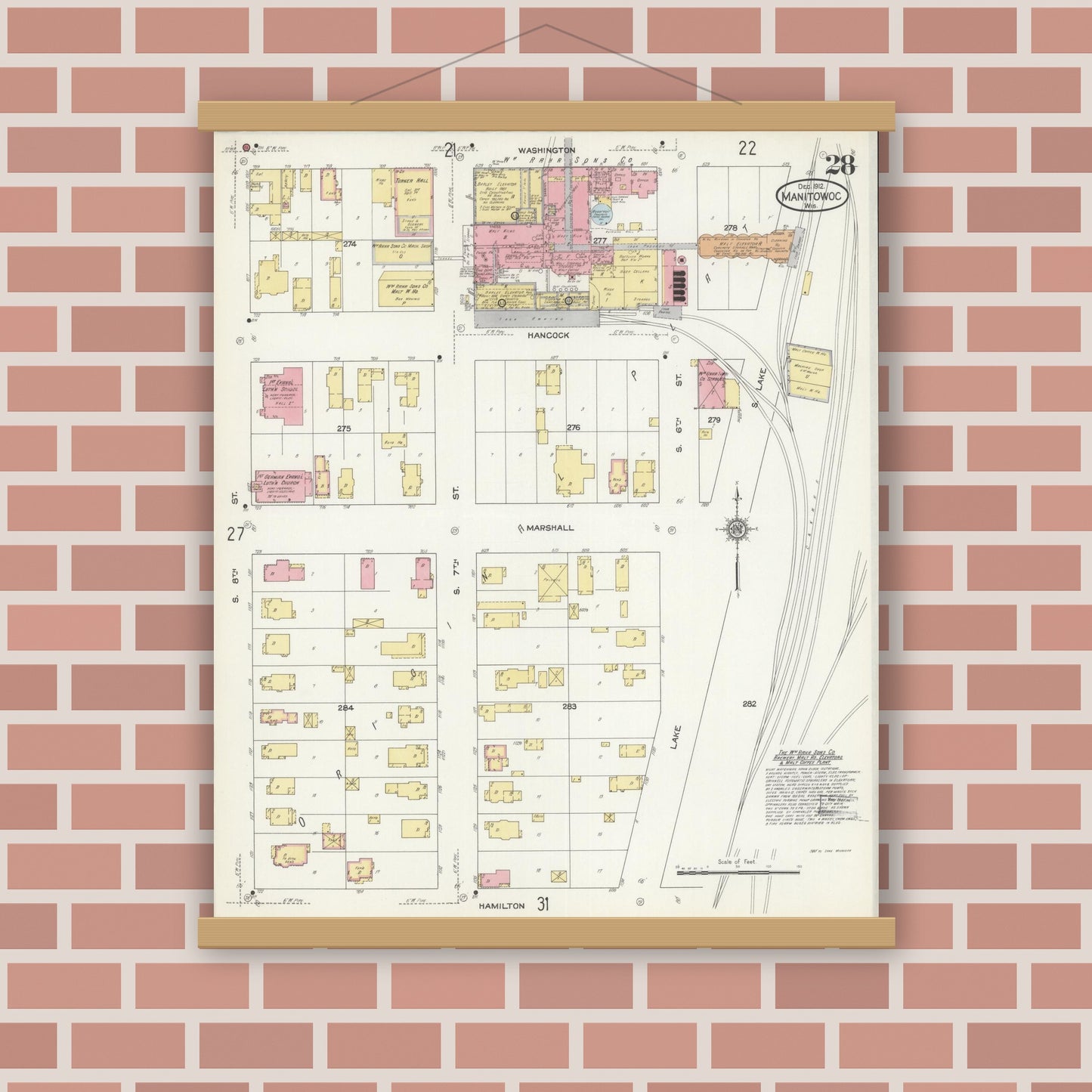 Old map wall art mockup — magnetic wood frame on brick wall — Sanborn Fire Insurance Map from Manitowoc, Manitowoc County, Wisconsin (1912), Sheet #0028