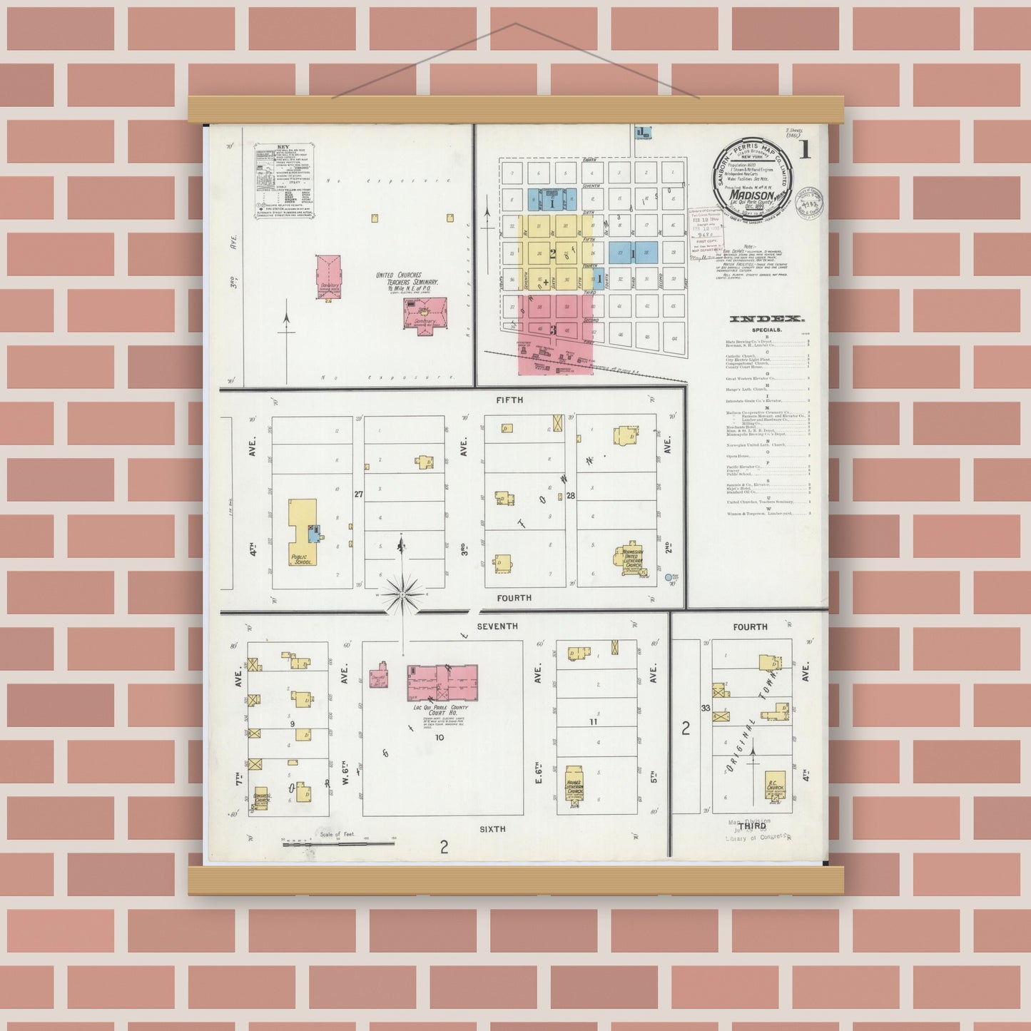 Old map wall art mockup — magnetic wood frame on brick wall — Sanborn Fire Insurance Map from Madison, Lac Qui Parle County, Minnesota (1899) - Complete Map Set