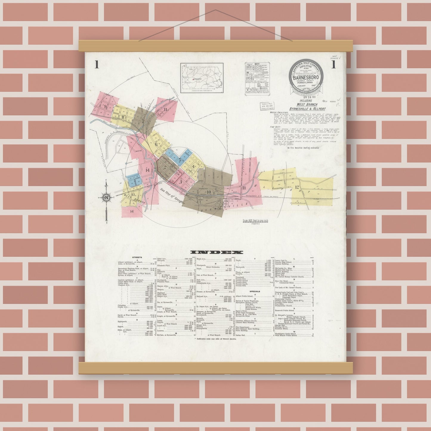 Old map wall art mockup — magnetic wood frame on brick wall — Sanborn Fire Insurance Map from Barnesboro, Cambria County, Pennsylvania (1930) - Complete Map Set
