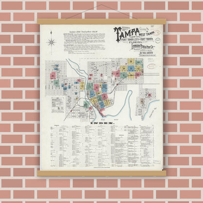 Old map wall art mockup — magnetic wood frame on brick wall — Sanborn Fire Insurance Map from Tampa, Hillsborough County, Florida (1899), Sheet #0001