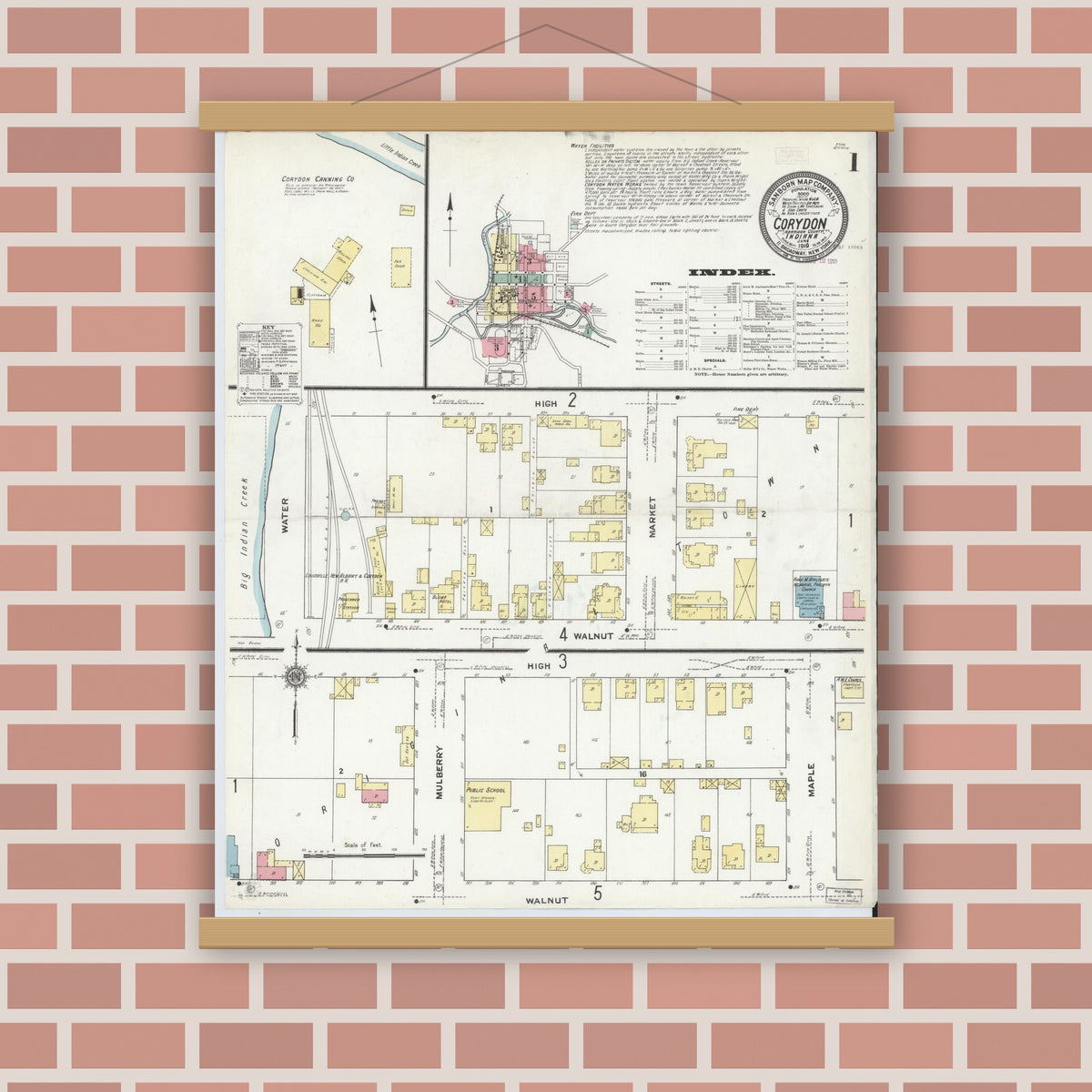 Old map wall art mockup — magnetic wood frame on brick wall — Sanborn Fire Insurance Map from Corydon, Harrison County, Indiana (1910) - Complete Map Set