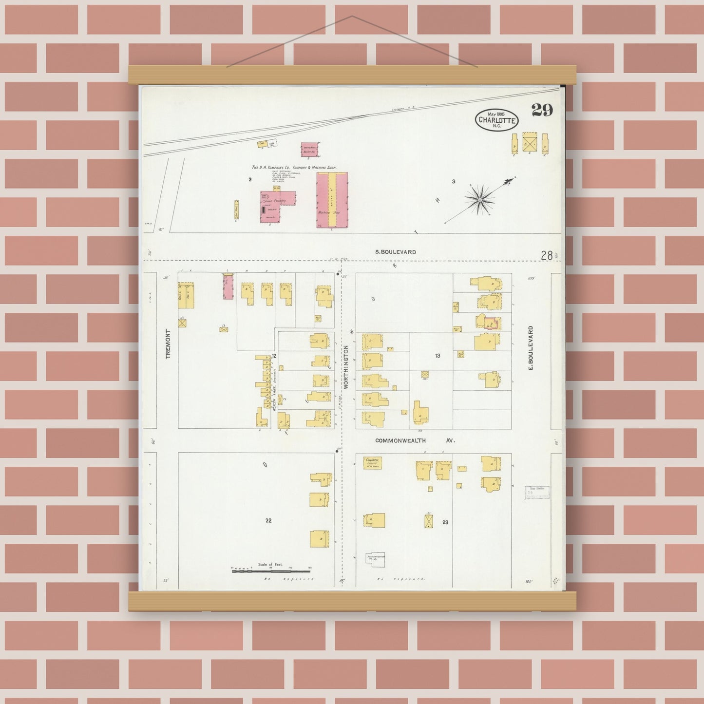 Old map wall art mockup — magnetic wood frame on brick wall — Sanborn Fire Insurance Map from Charlotte, Mecklenburg County, North Carolina (1905), Sheet #0029