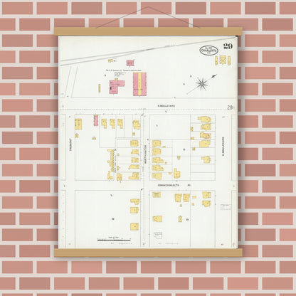Old map wall art mockup — magnetic wood frame on brick wall — Sanborn Fire Insurance Map from Charlotte, Mecklenburg County, North Carolina (1905), Sheet #0029