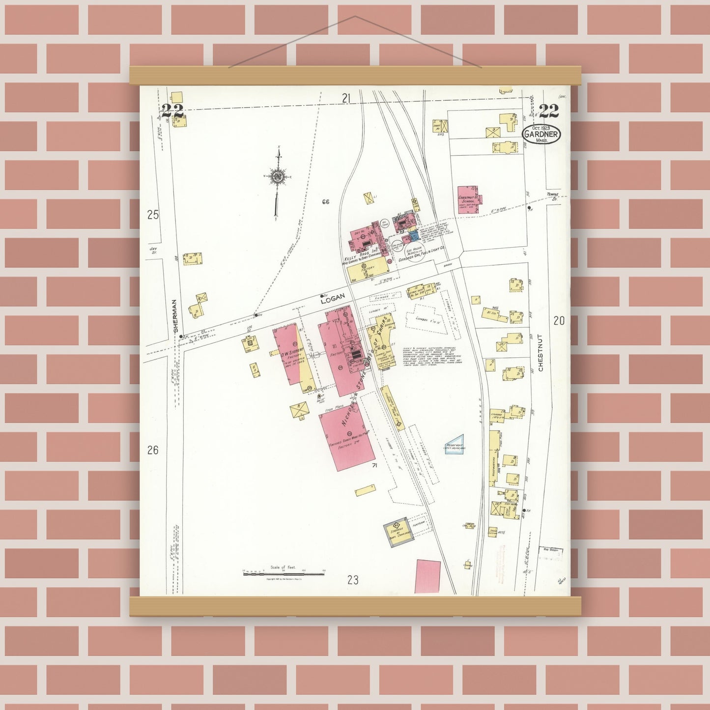 Old map wall art mockup — magnetic wood frame on brick wall — Sanborn Fire Insurance Map from Gardner, Worcester County, Massachusetts (1923), Sheet #0022