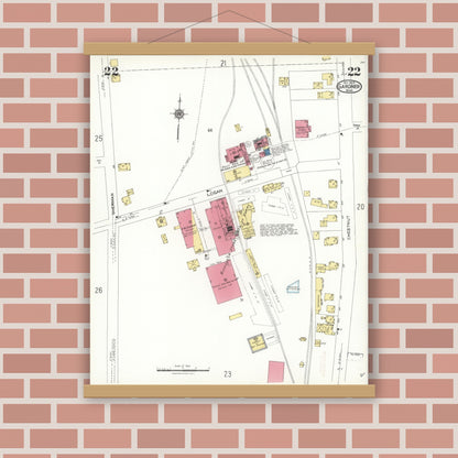 Old map wall art mockup — magnetic wood frame on brick wall — Sanborn Fire Insurance Map from Gardner, Worcester County, Massachusetts (1923), Sheet #0022