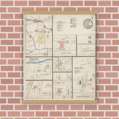 Old map wall art mockup — magnetic wood frame on brick wall — Sanborn Fire Insurance Map from Canton, Bradford County, Pennsylvania (1885), Sheet #0001