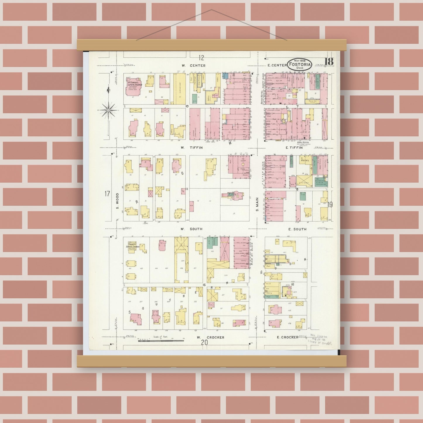 Old map wall art mockup — magnetic wood frame on brick wall — Sanborn Fire Insurance Map from Fostoria, Seneca, Hancock, And Wood Counties, Ohio (1908), Sheet #0018