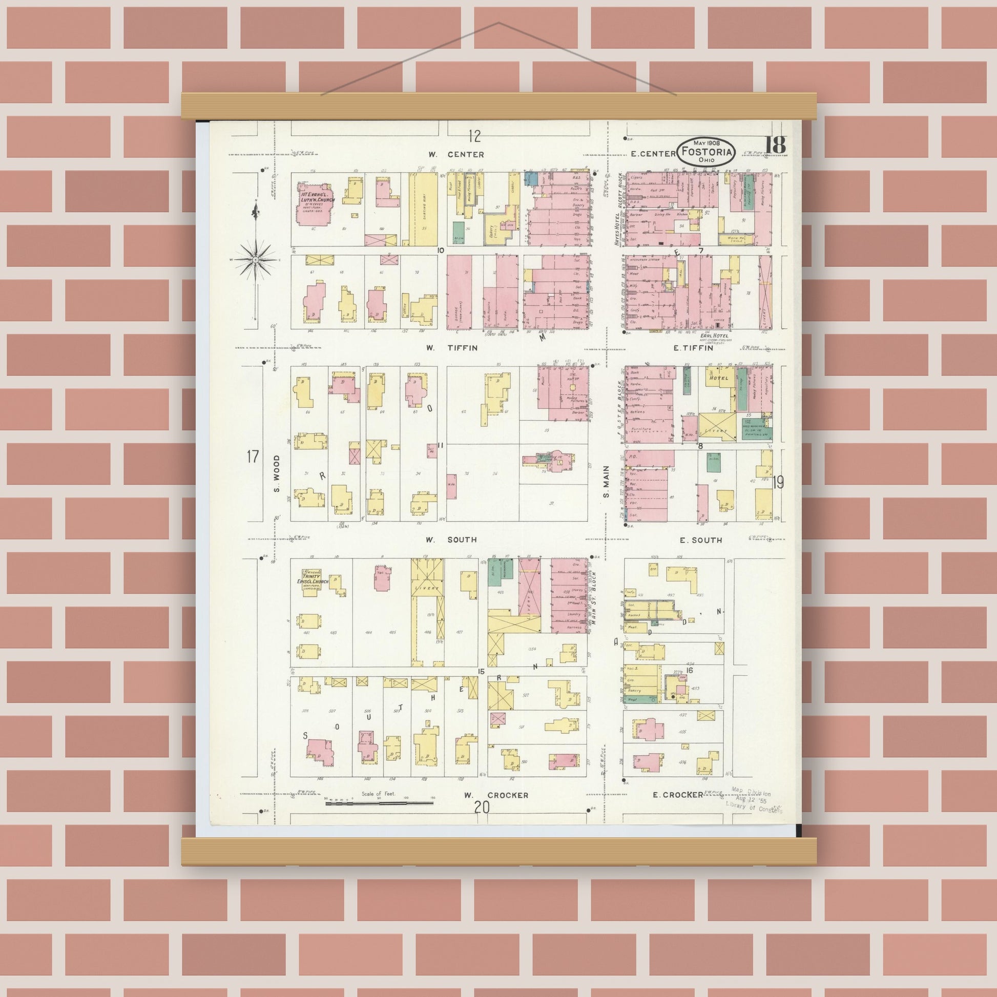 Old map wall art mockup — magnetic wood frame on brick wall — Sanborn Fire Insurance Map from Fostoria, Seneca, Hancock, And Wood Counties, Ohio (1908), Sheet #0018
