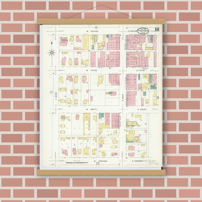Old map wall art mockup — magnetic wood frame on brick wall — Sanborn Fire Insurance Map from Fostoria, Seneca, Hancock, And Wood Counties, Ohio (1908), Sheet #0018
