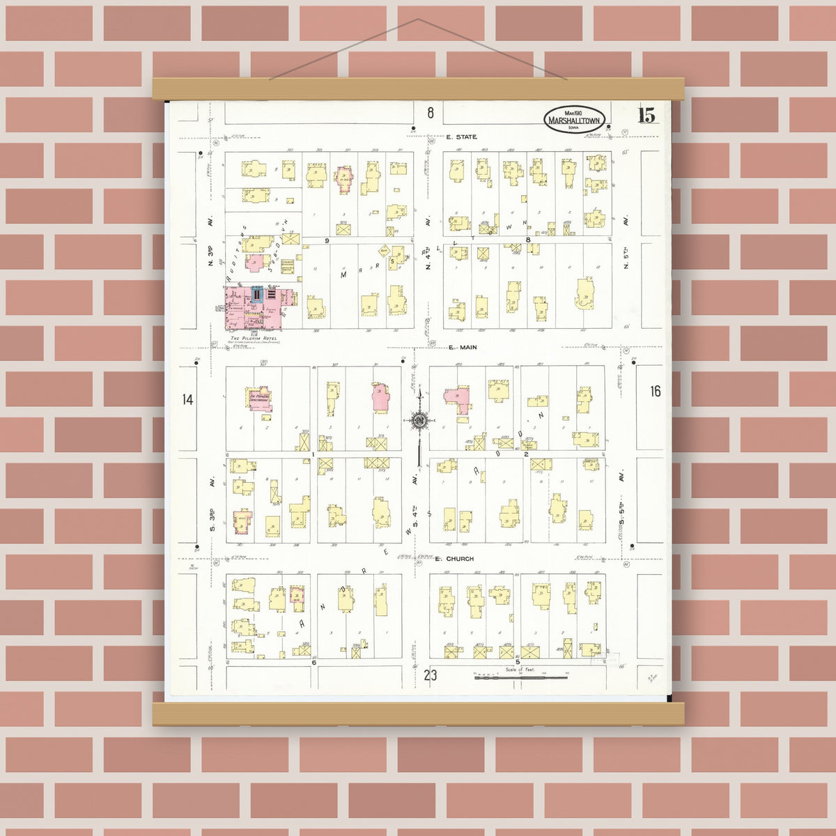 Old map wall art mockup — magnetic wood frame on brick wall — Sanborn Fire Insurance Map from Marshalltown, Marshall County, Iowa (1910), Sheet #0015