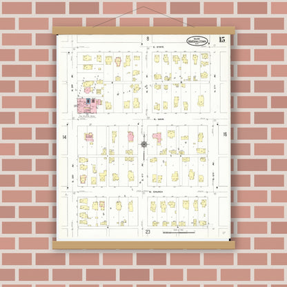 Old map wall art mockup — magnetic wood frame on brick wall — Sanborn Fire Insurance Map from Marshalltown, Marshall County, Iowa (1910), Sheet #0015