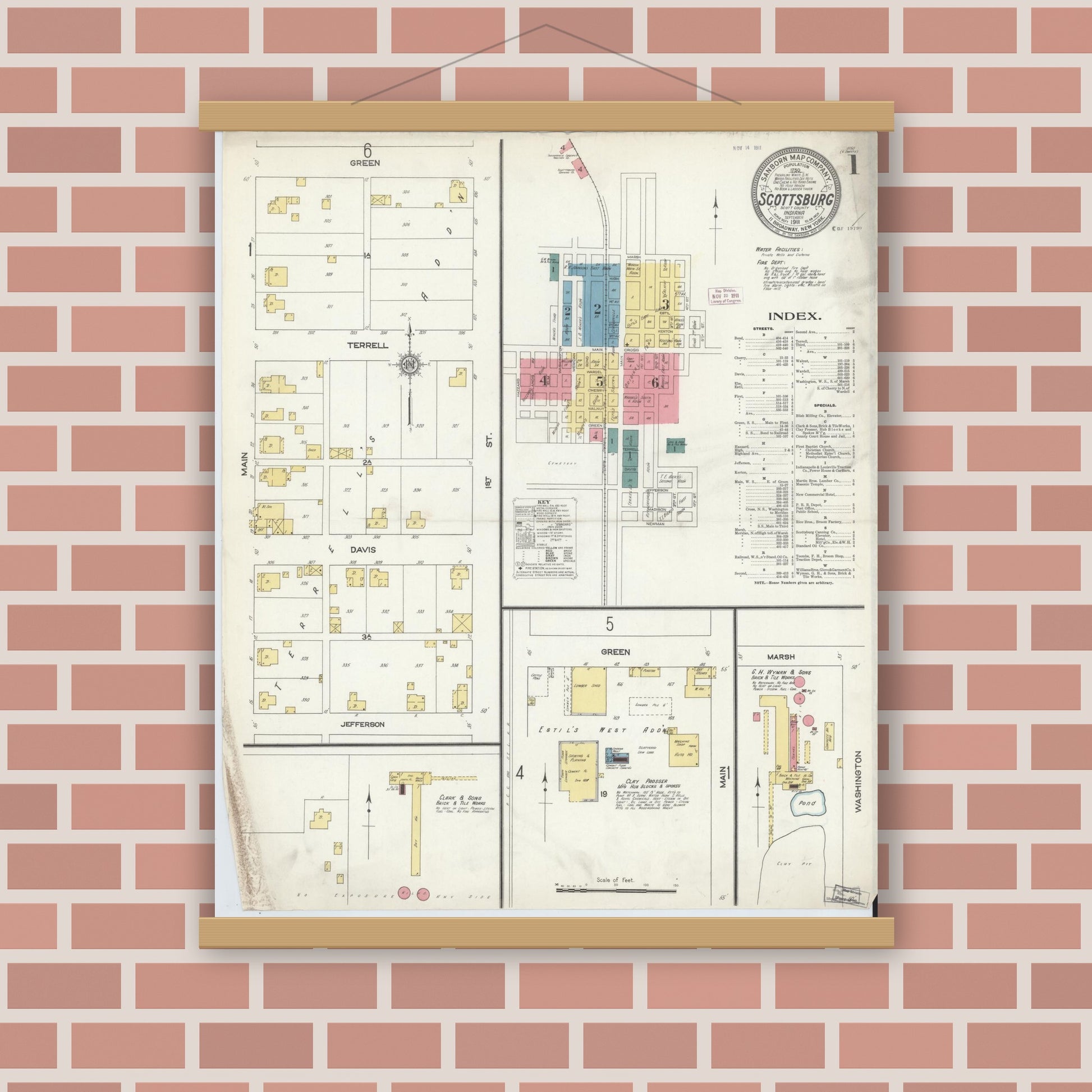 Old map wall art mockup — magnetic wood frame on brick wall — Sanborn Fire Insurance Map from Scottsburg, Scott County, Indiana (1911) - Complete Map Set