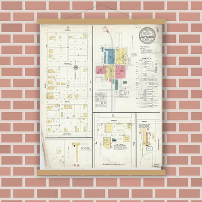 Old map wall art mockup — magnetic wood frame on brick wall — Sanborn Fire Insurance Map from Scottsburg, Scott County, Indiana (1911) - Complete Map Set