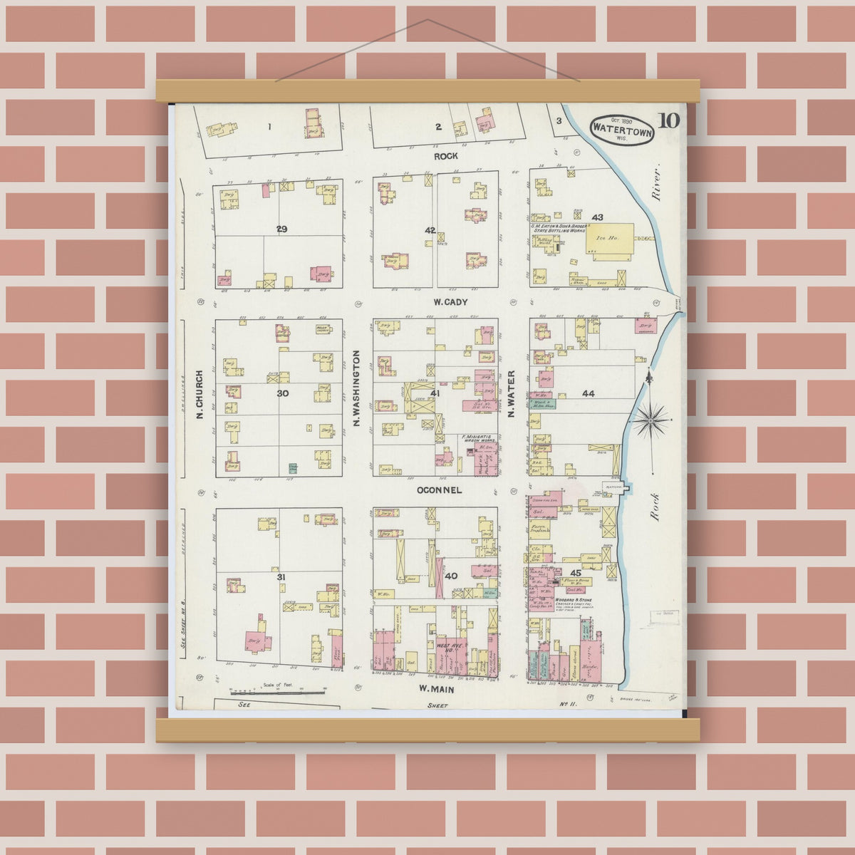 Old map wall art mockup — magnetic wood frame on brick wall — Sanborn Fire Insurance Map from Watertown, Jefferson County, Wisconsin (1890), Sheet #0010