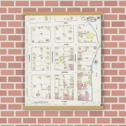 Old map wall art mockup — magnetic wood frame on brick wall — Sanborn Fire Insurance Map from Watertown, Jefferson County, Wisconsin (1890), Sheet #0010