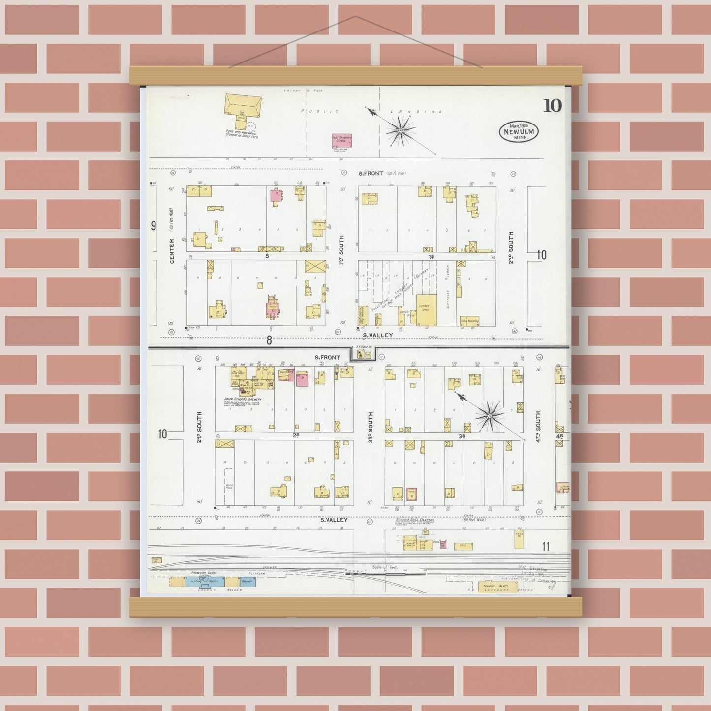 Old map wall art mockup — magnetic wood frame on brick wall — Sanborn Fire Insurance Map from New Ulm, Brown County, Minnesota (1905), Sheet #0010
