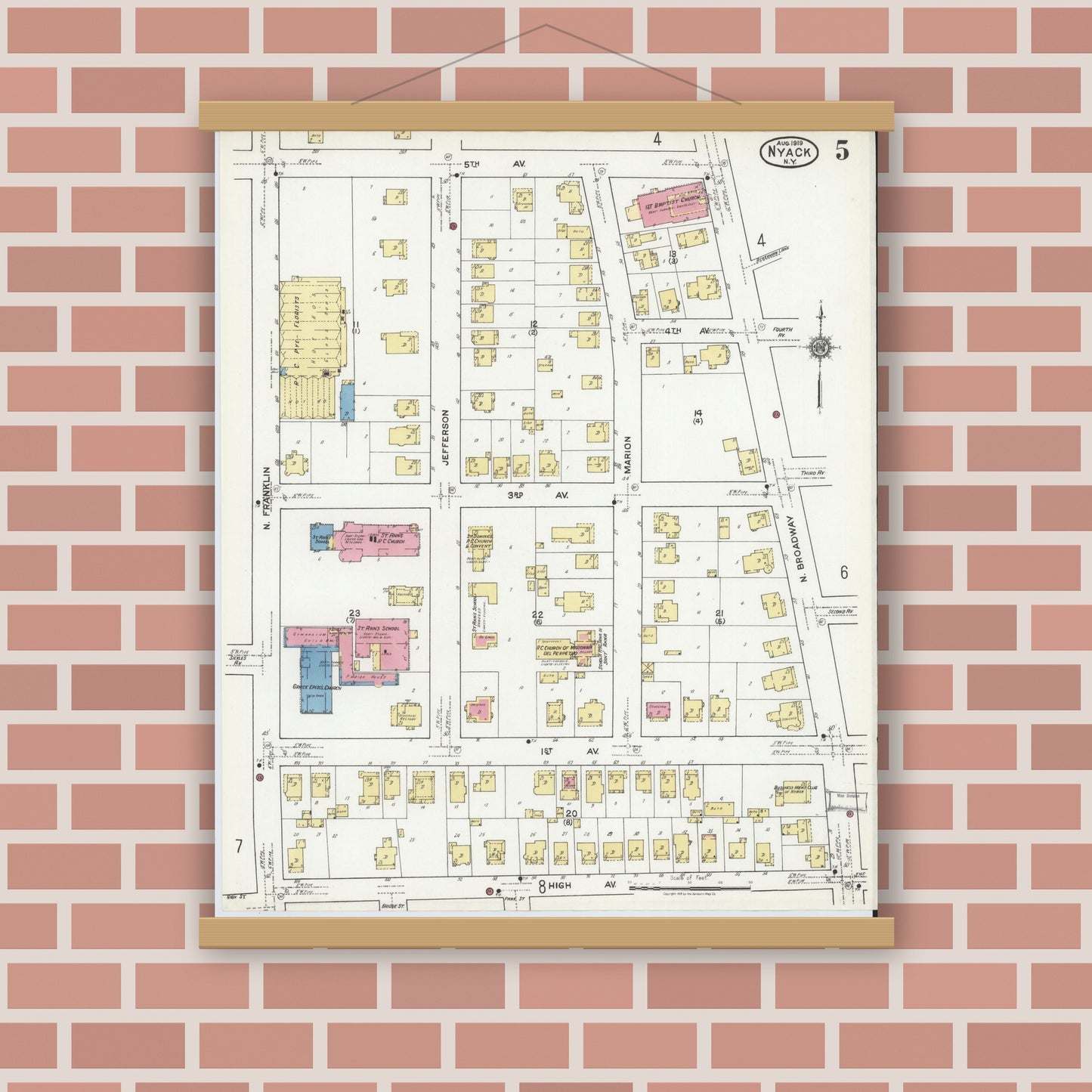 Old map wall art mockup — magnetic wood frame on brick wall — Sanborn Fire Insurance Map from Nyack, Rockland County, New York. (1919), Sheet #0005