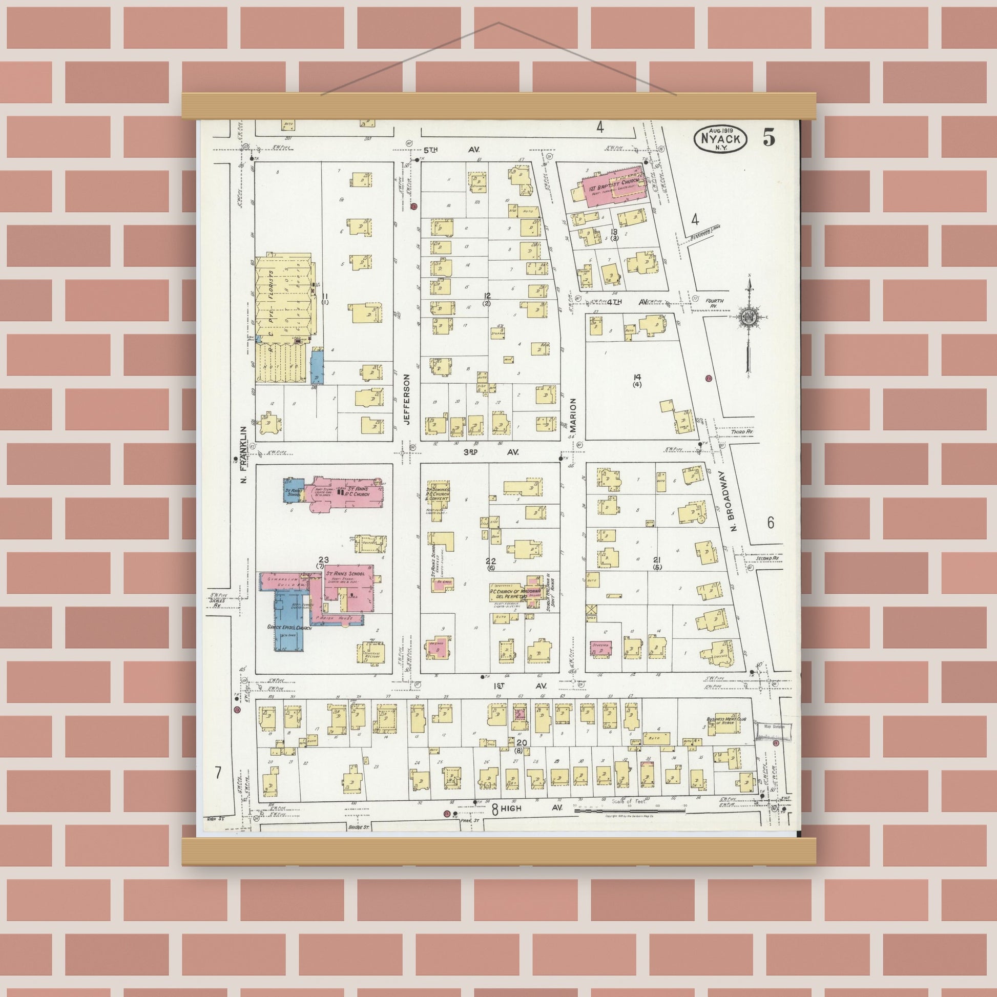 Old map wall art mockup — magnetic wood frame on brick wall — Sanborn Fire Insurance Map from Nyack, Rockland County, New York. (1919), Sheet #0005