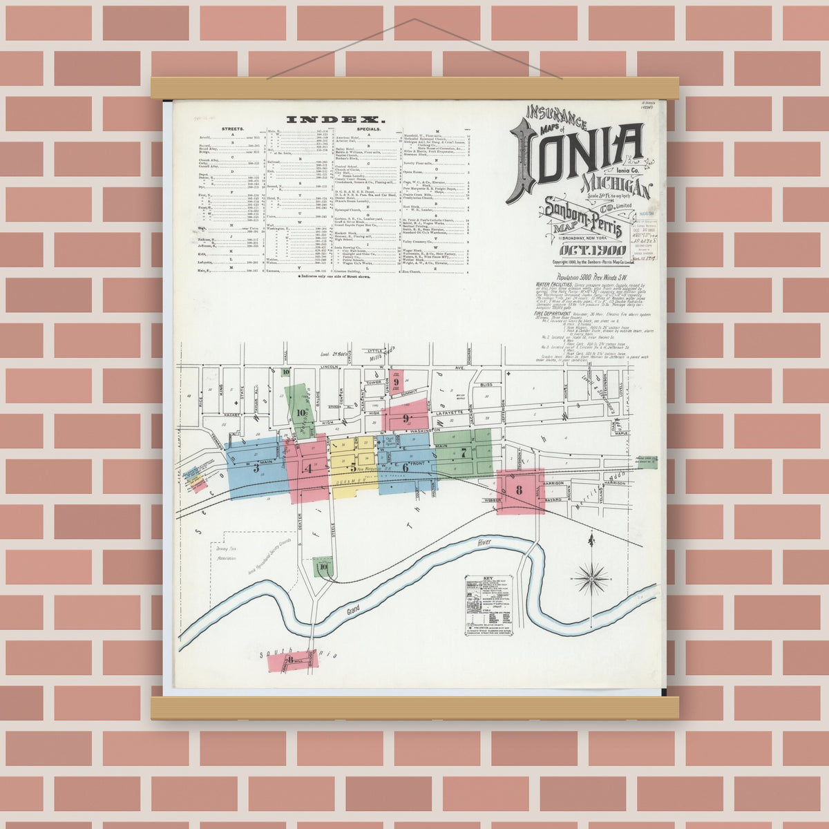 Old map wall art mockup — magnetic wood frame on brick wall — Sanborn Fire Insurance Map from Ionia, Ionia County, Michigan (1900), Sheet #0001