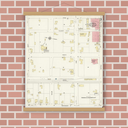 Old map wall art mockup — magnetic wood frame on brick wall — Sanborn Fire Insurance Map from Gilmer, Upshur County, Texas (1912), Sheet #0003