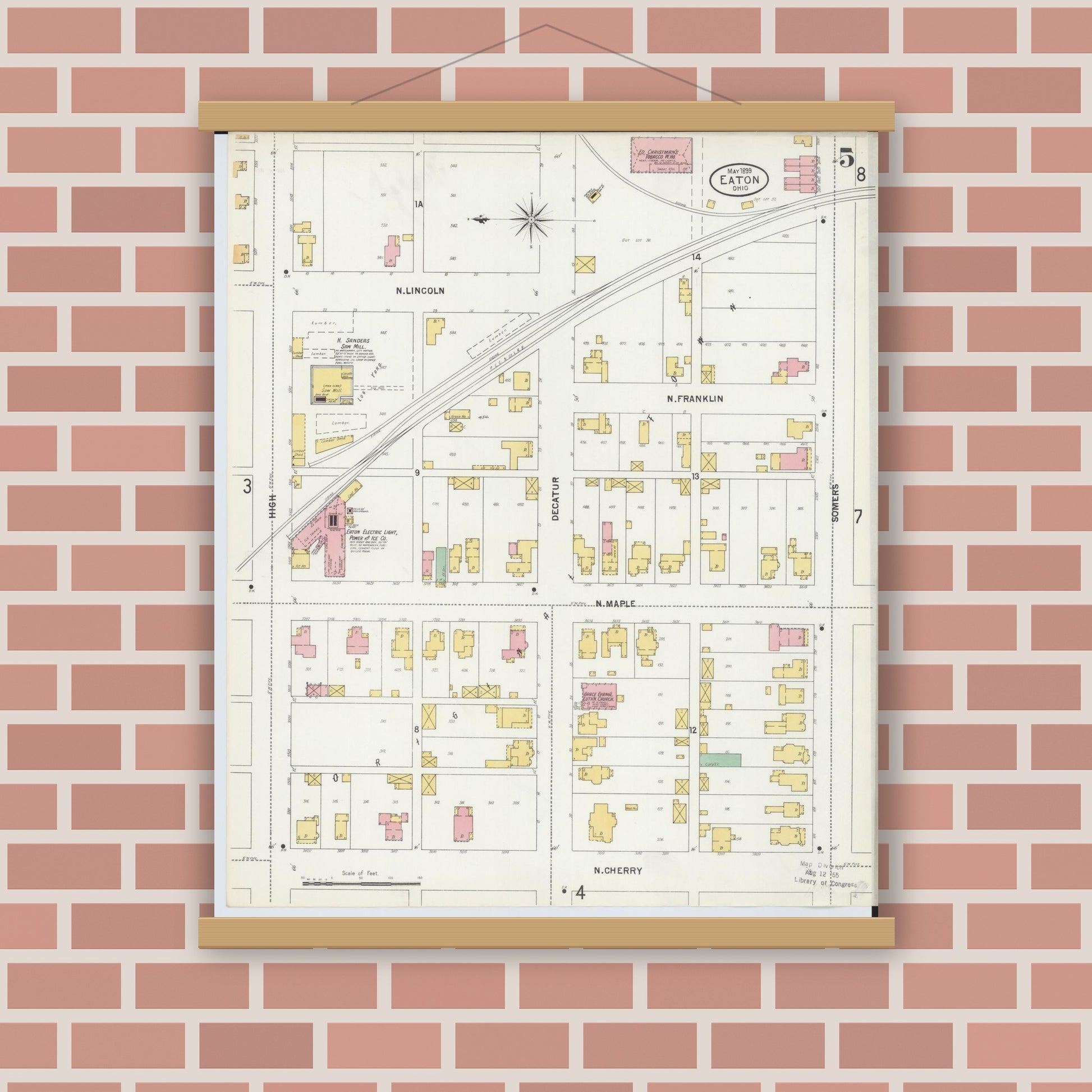 Old map wall art mockup — magnetic wood frame on brick wall — Sanborn Fire Insurance Map from Eaton, Preble County, Ohio (1899), Sheet #0005