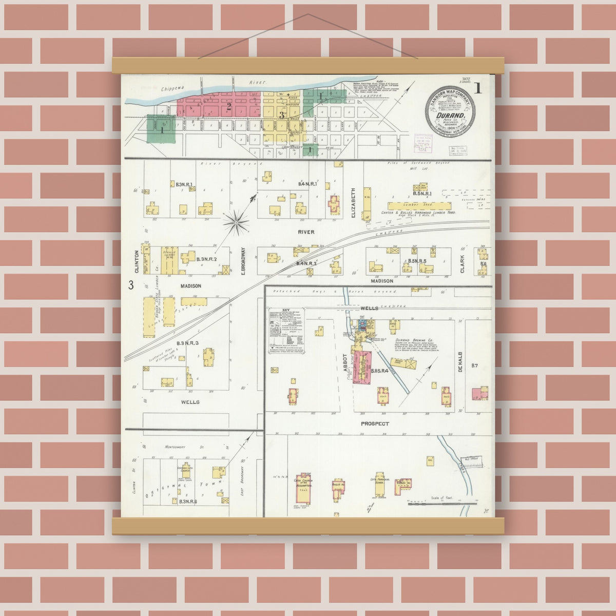 Old map wall art mockup — magnetic wood frame on brick wall — Sanborn Fire Insurance Map from Durand, Pepin County, Wisconsin (1904) - Complete Map Set