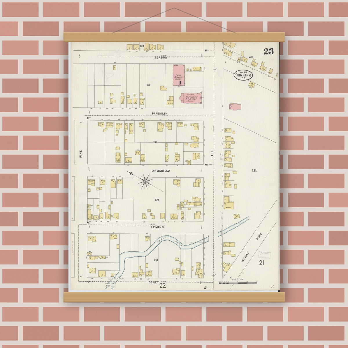 Old map wall art mockup — magnetic wood frame on brick wall — Sanborn Fire Insurance Map from Dunkirk, Chautauqua County, New York (1898), Sheet #0023