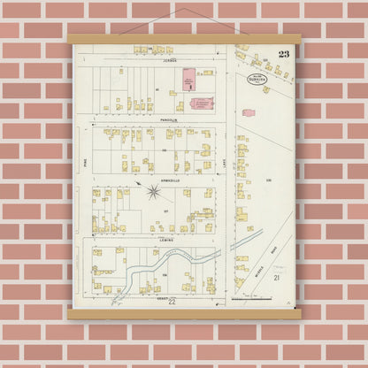 Old map wall art mockup — magnetic wood frame on brick wall — Sanborn Fire Insurance Map from Dunkirk, Chautauqua County, New York (1898), Sheet #0023