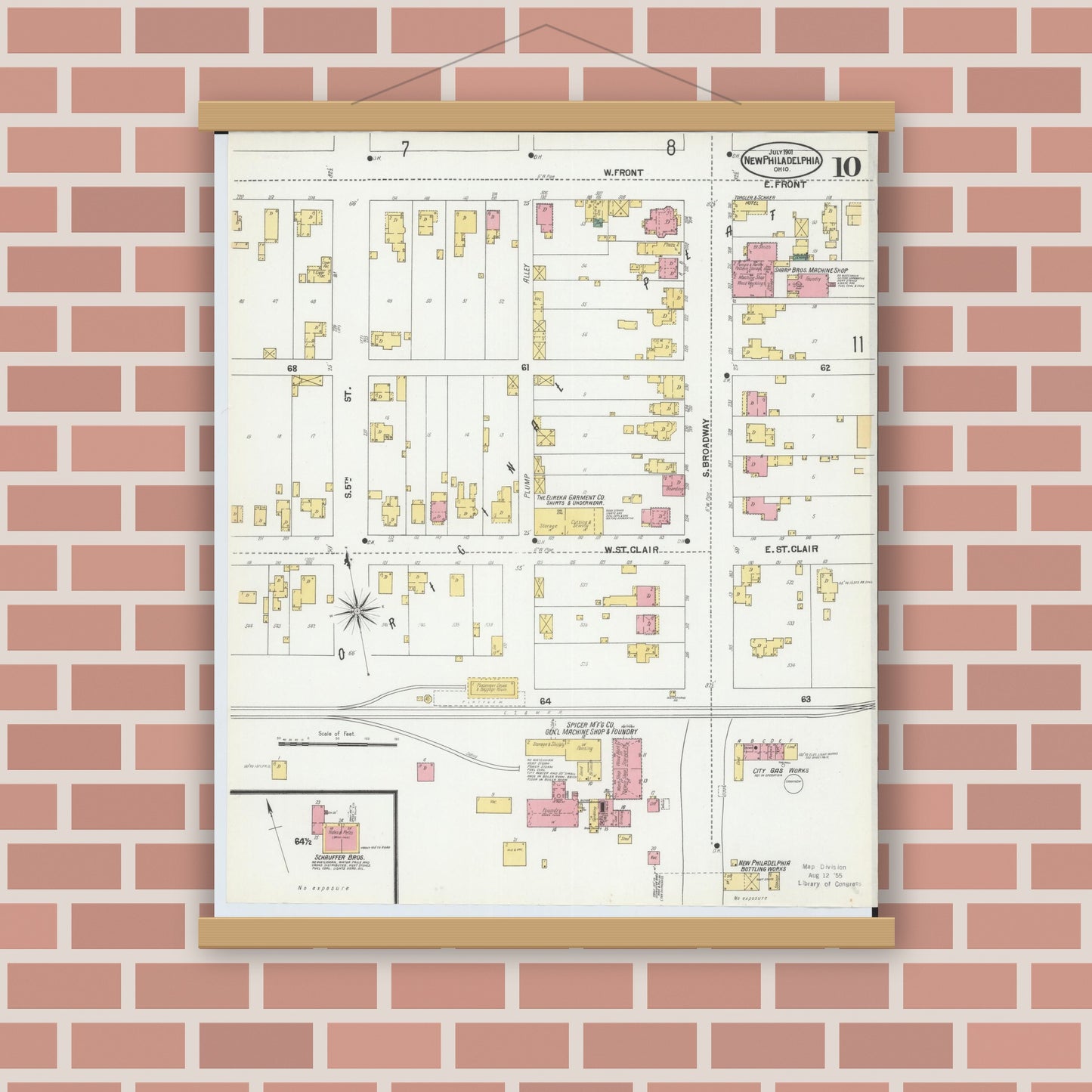 Old map wall art mockup — magnetic wood frame on brick wall — Sanborn Fire Insurance Map from New Philadelphia, Tuscarawas County, Ohio (1901), Sheet #0010