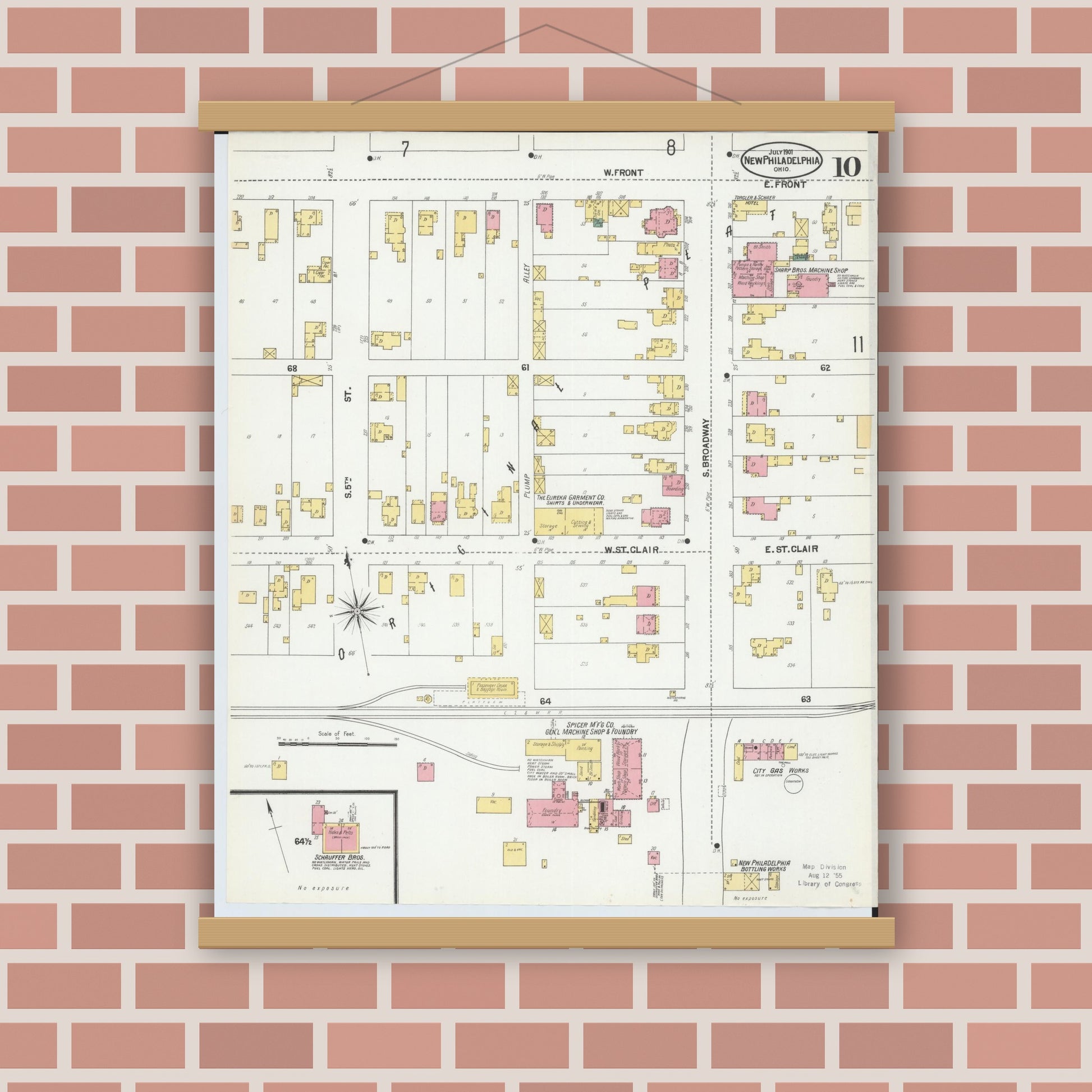 Old map wall art mockup — magnetic wood frame on brick wall — Sanborn Fire Insurance Map from New Philadelphia, Tuscarawas County, Ohio (1901), Sheet #0010