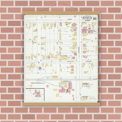 Old map wall art mockup — magnetic wood frame on brick wall — Sanborn Fire Insurance Map from New Philadelphia, Tuscarawas County, Ohio (1901), Sheet #0010