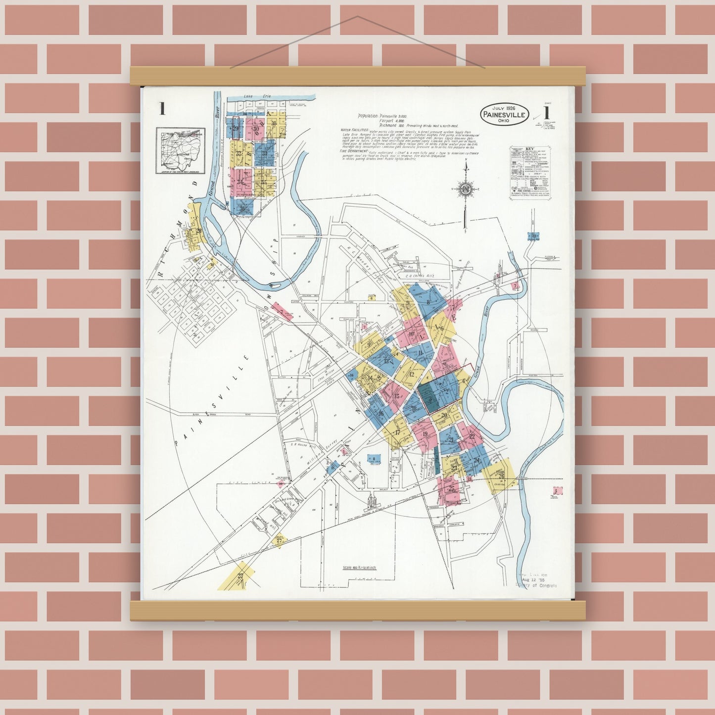 Old map wall art mockup — magnetic wood frame on brick wall — Sanborn Fire Insurance Map from Painesville, Lake County, Ohio (1926), Sheet #0001