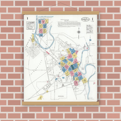 Old map wall art mockup — magnetic wood frame on brick wall — Sanborn Fire Insurance Map from Painesville, Lake County, Ohio (1926), Sheet #0001