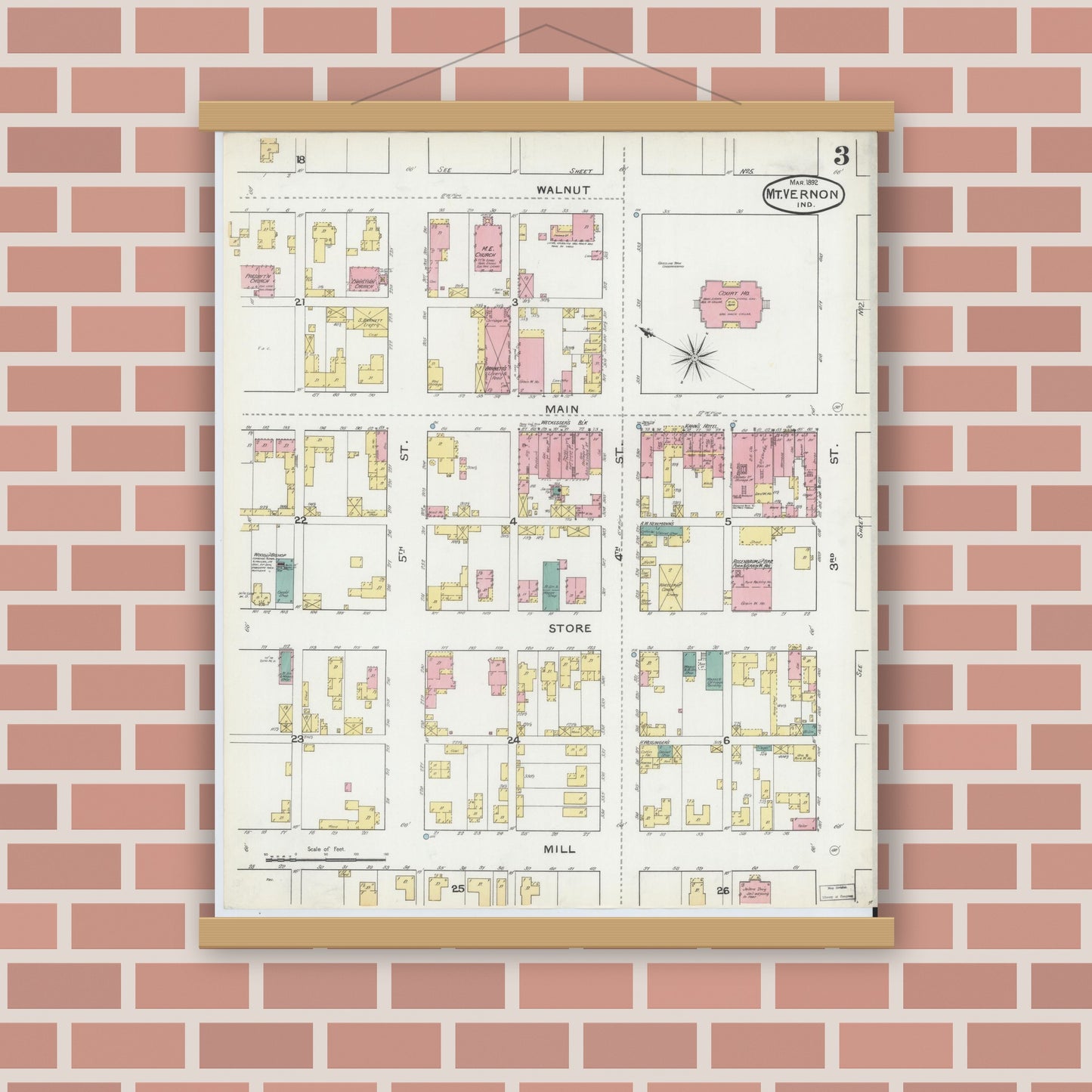 Old map wall art mockup — magnetic wood frame on brick wall — Sanborn Fire Insurance Map from Mount Vernon, Posey County, Indiana (1892), Sheet #0003