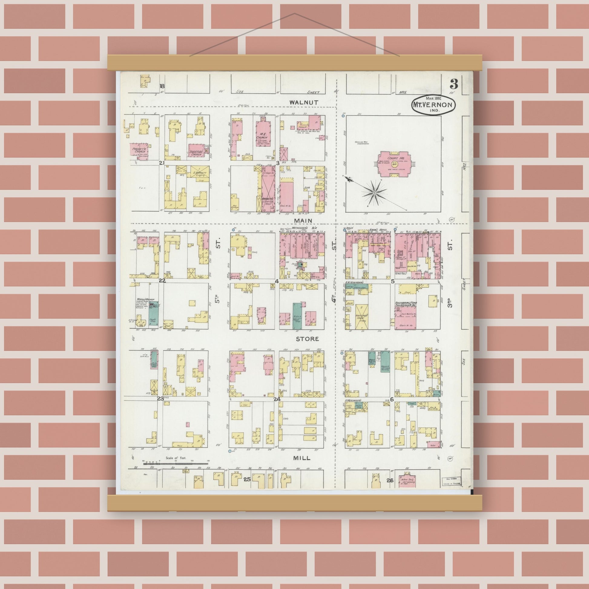 Old map wall art mockup — magnetic wood frame on brick wall — Sanborn Fire Insurance Map from Mount Vernon, Posey County, Indiana (1892), Sheet #0003