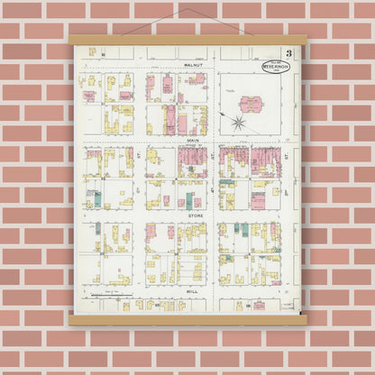Old map wall art mockup — magnetic wood frame on brick wall — Sanborn Fire Insurance Map from Mount Vernon, Posey County, Indiana (1892), Sheet #0003