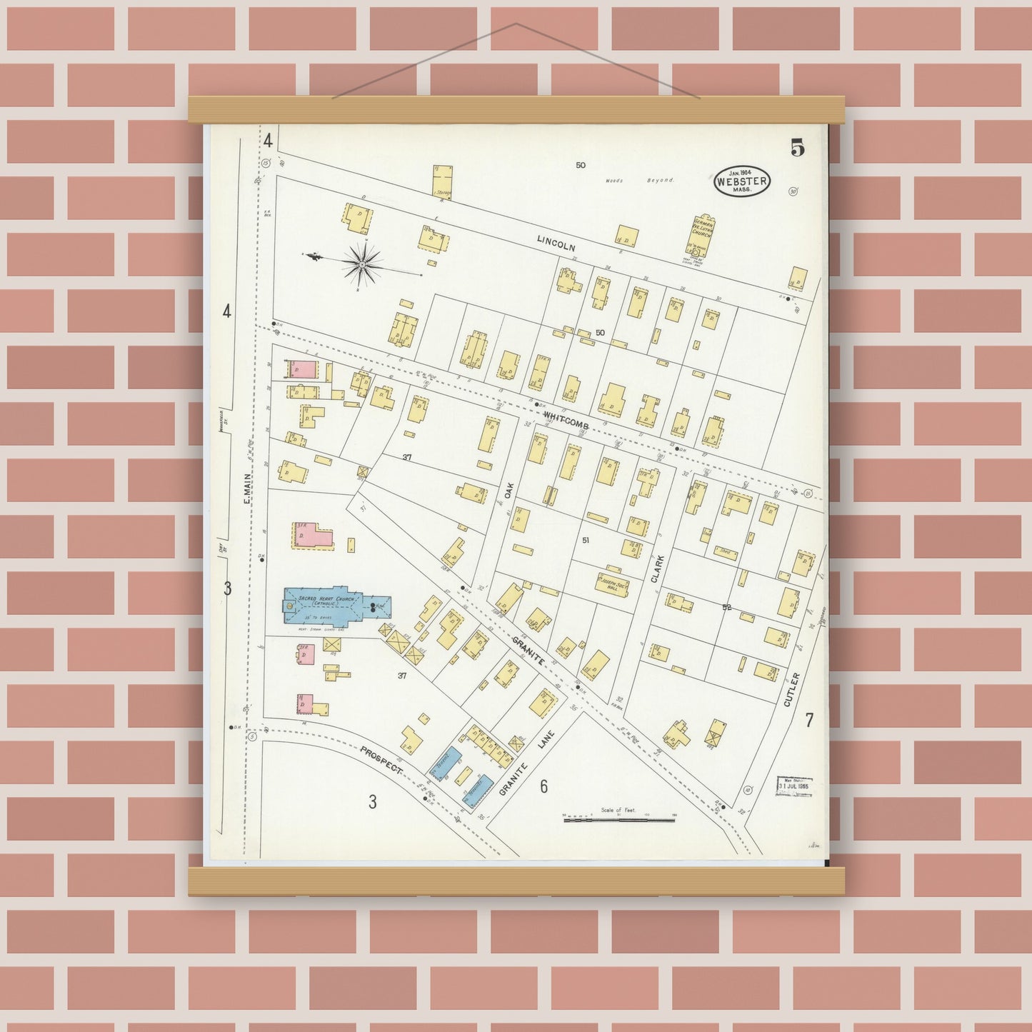 Old map wall art mockup — magnetic wood frame on brick wall — Sanborn Fire Insurance Map from Webster, Worcester County, Massachusetts (1904), Sheet #0005