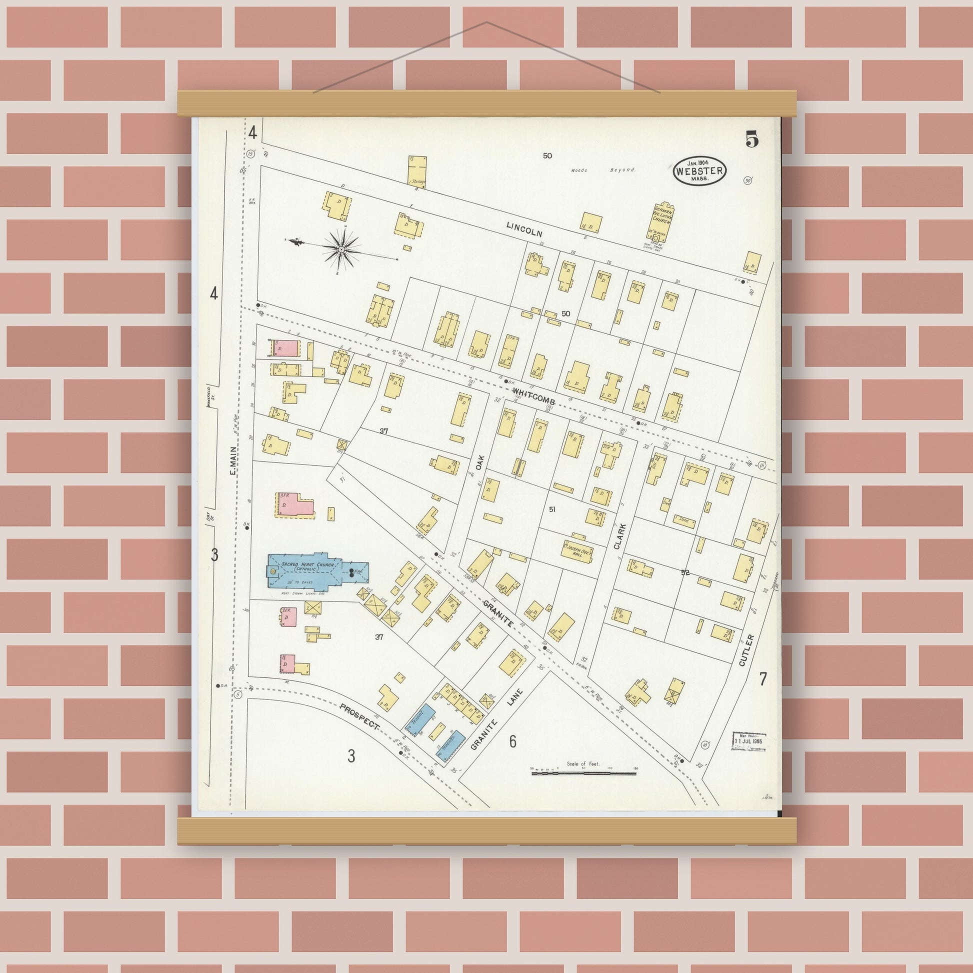 Old map wall art mockup — magnetic wood frame on brick wall — Sanborn Fire Insurance Map from Webster, Worcester County, Massachusetts (1904), Sheet #0005