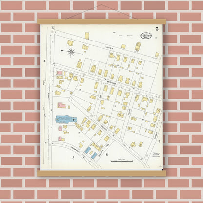 Old map wall art mockup — magnetic wood frame on brick wall — Sanborn Fire Insurance Map from Webster, Worcester County, Massachusetts (1904), Sheet #0005