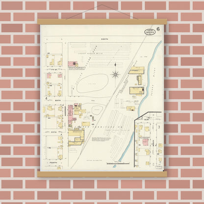 Old map wall art mockup — magnetic wood frame on brick wall — Sanborn Fire Insurance Map from Jasper, Dubois County, Indiana (1909), Sheet #0006