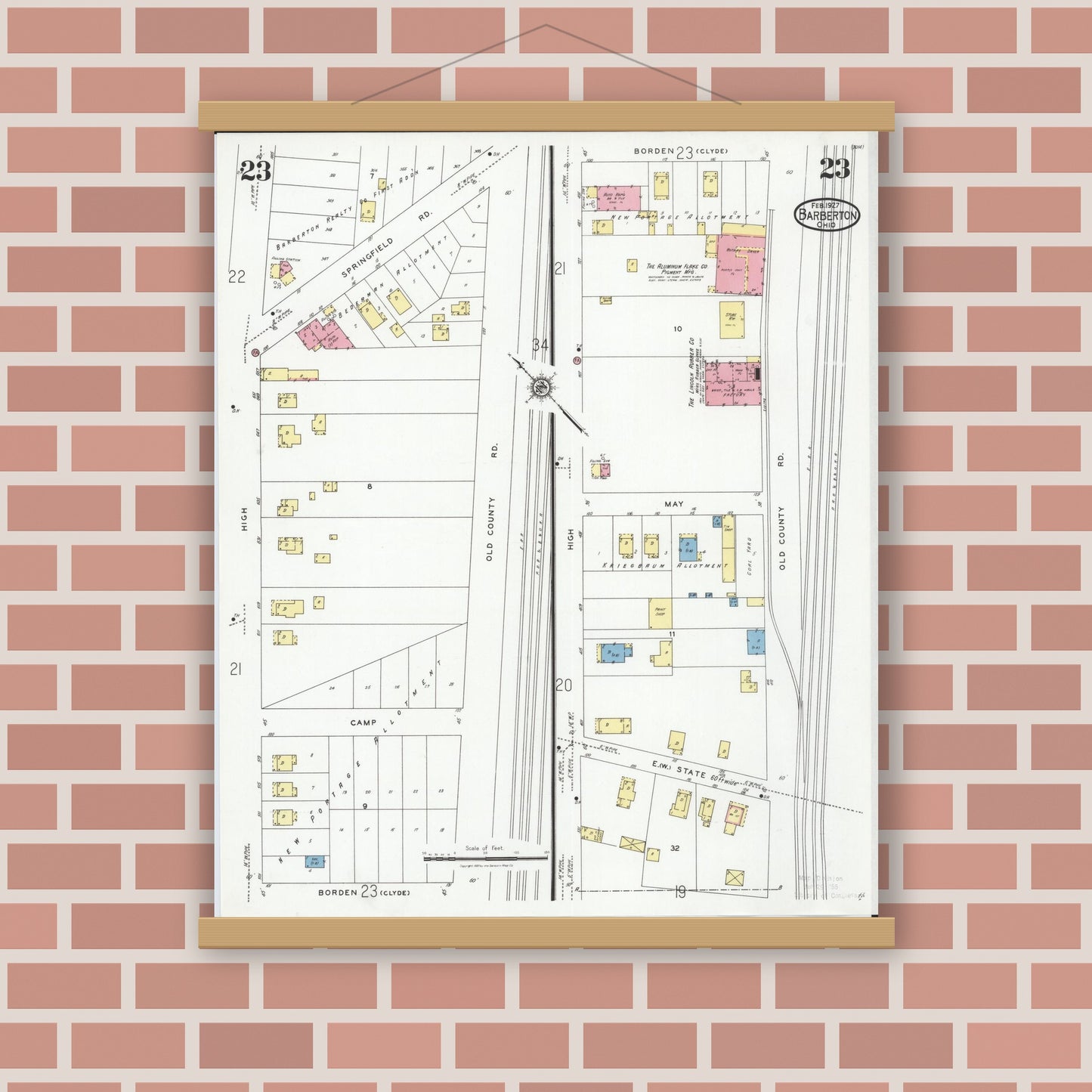 Old map wall art mockup — magnetic wood frame on brick wall — Sanborn Fire Insurance Map from Barberton, Summit County, Ohio (1927), Sheet #0023