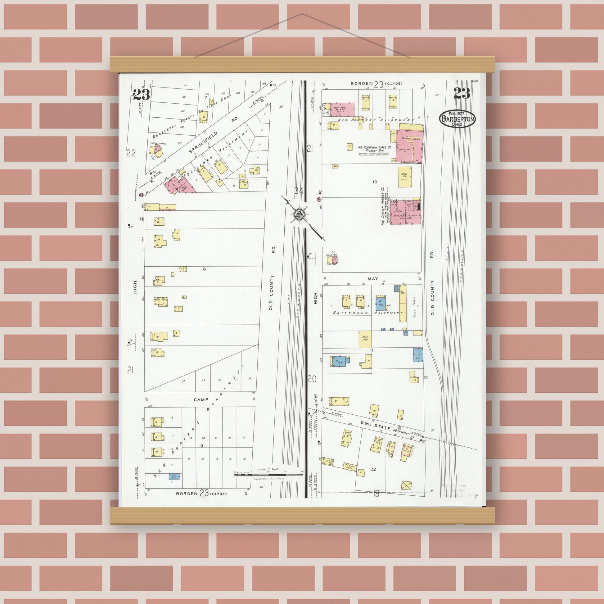 Old map wall art mockup — magnetic wood frame on brick wall — Sanborn Fire Insurance Map from Barberton, Summit County, Ohio (1927), Sheet #0023