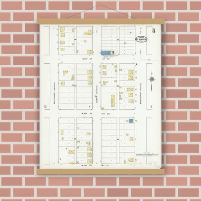 Old map wall art mockup — magnetic wood frame on brick wall — Sanborn Fire Insurance Map from Plainview, Hale County, Texas (1921), Sheet #0008