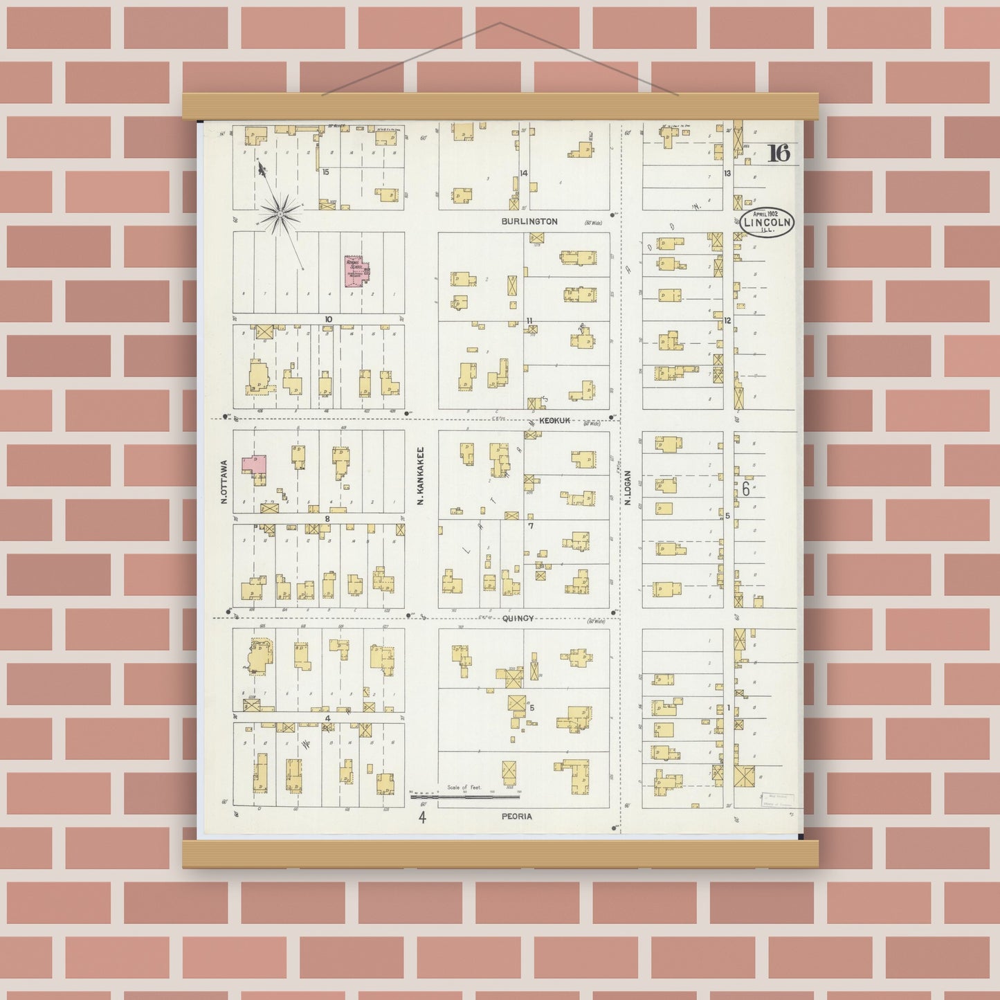Old map wall art mockup — magnetic wood frame on brick wall — Sanborn Fire Insurance Map from Lincoln, Logan County, Illinois (1902), Sheet #0016