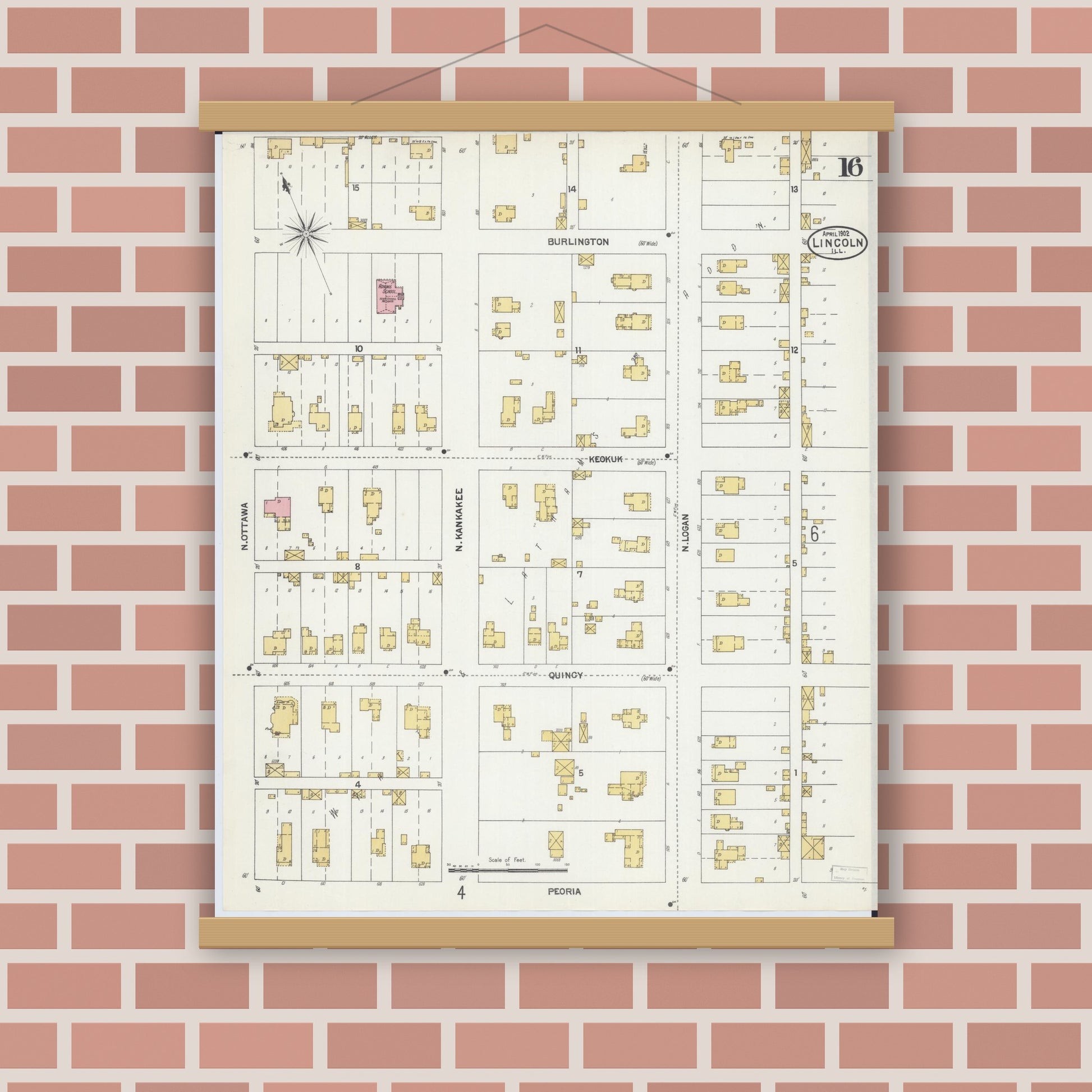 Old map wall art mockup — magnetic wood frame on brick wall — Sanborn Fire Insurance Map from Lincoln, Logan County, Illinois (1902), Sheet #0016