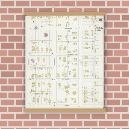 Old map wall art mockup — magnetic wood frame on brick wall — Sanborn Fire Insurance Map from Lincoln, Logan County, Illinois (1902), Sheet #0016